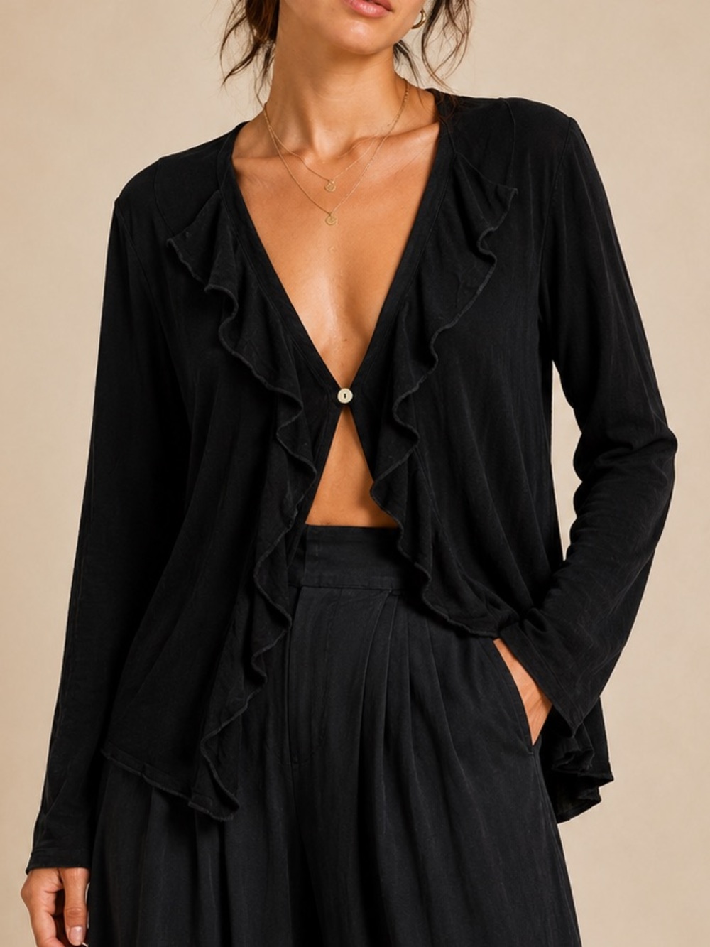 Black Ruffle Open Front Button Cardigan Romantic Boho Fairy Y2K Renaissance L